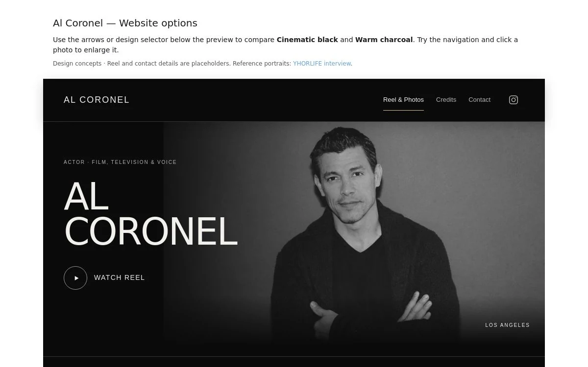 Cinematic Al Coronel actor website with a black and white portrait.