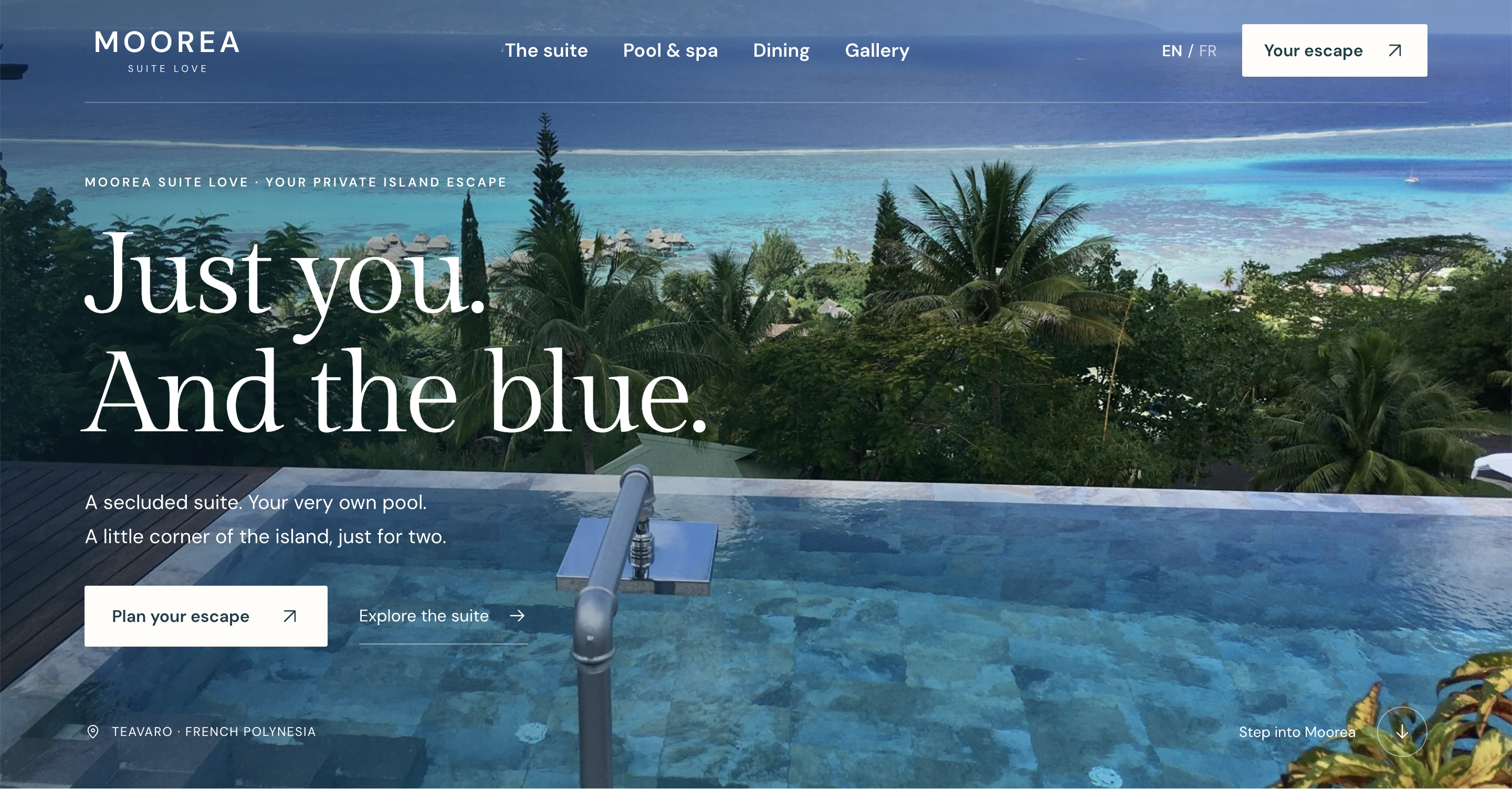 Moorea Suite Love homepage with the headline ‘Just you. And the blue.’ over its private pool and turquoise lagoon.